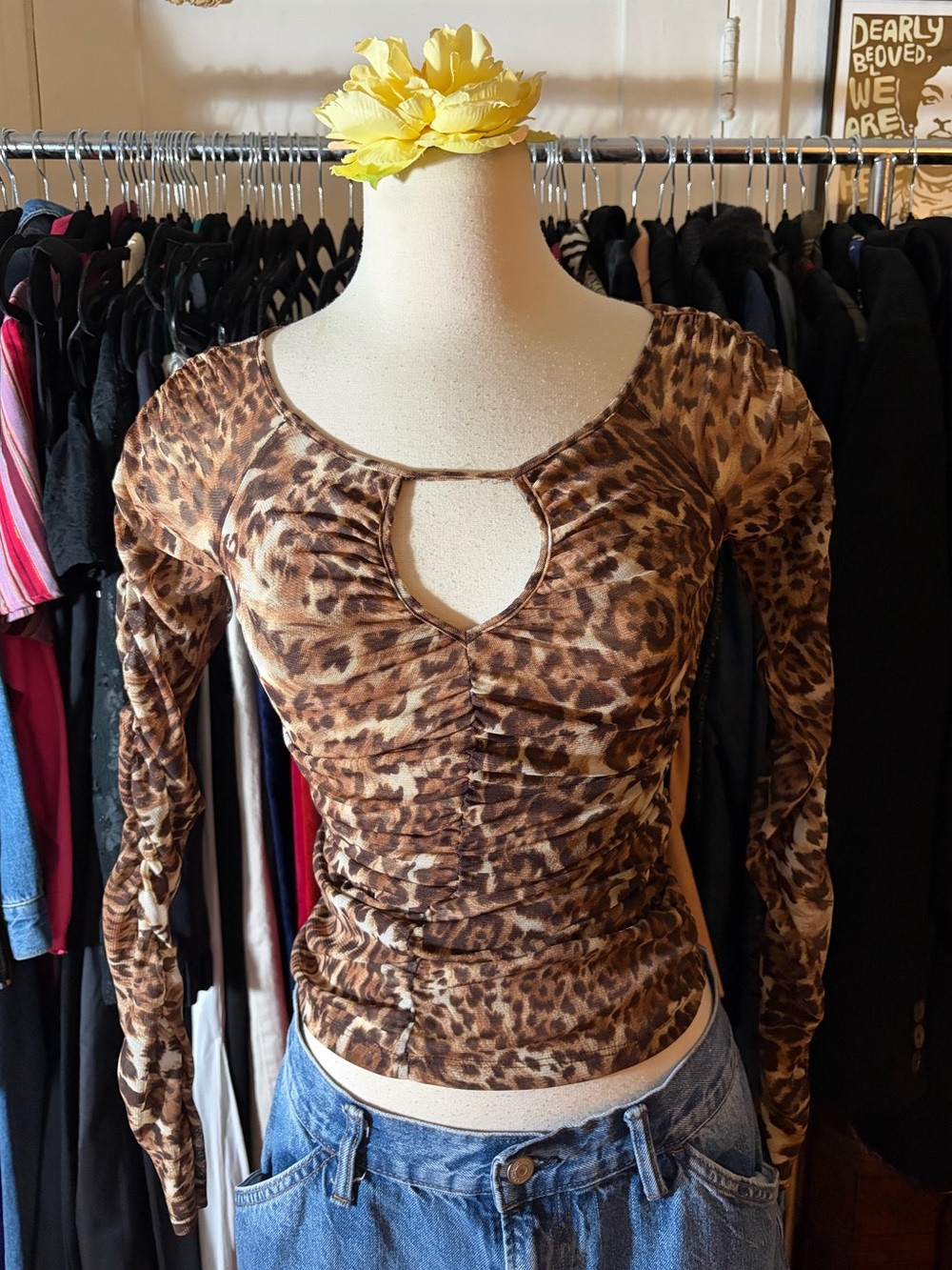 INC International Concepts Leopard Print Ruched Mesh Keyhole Top S